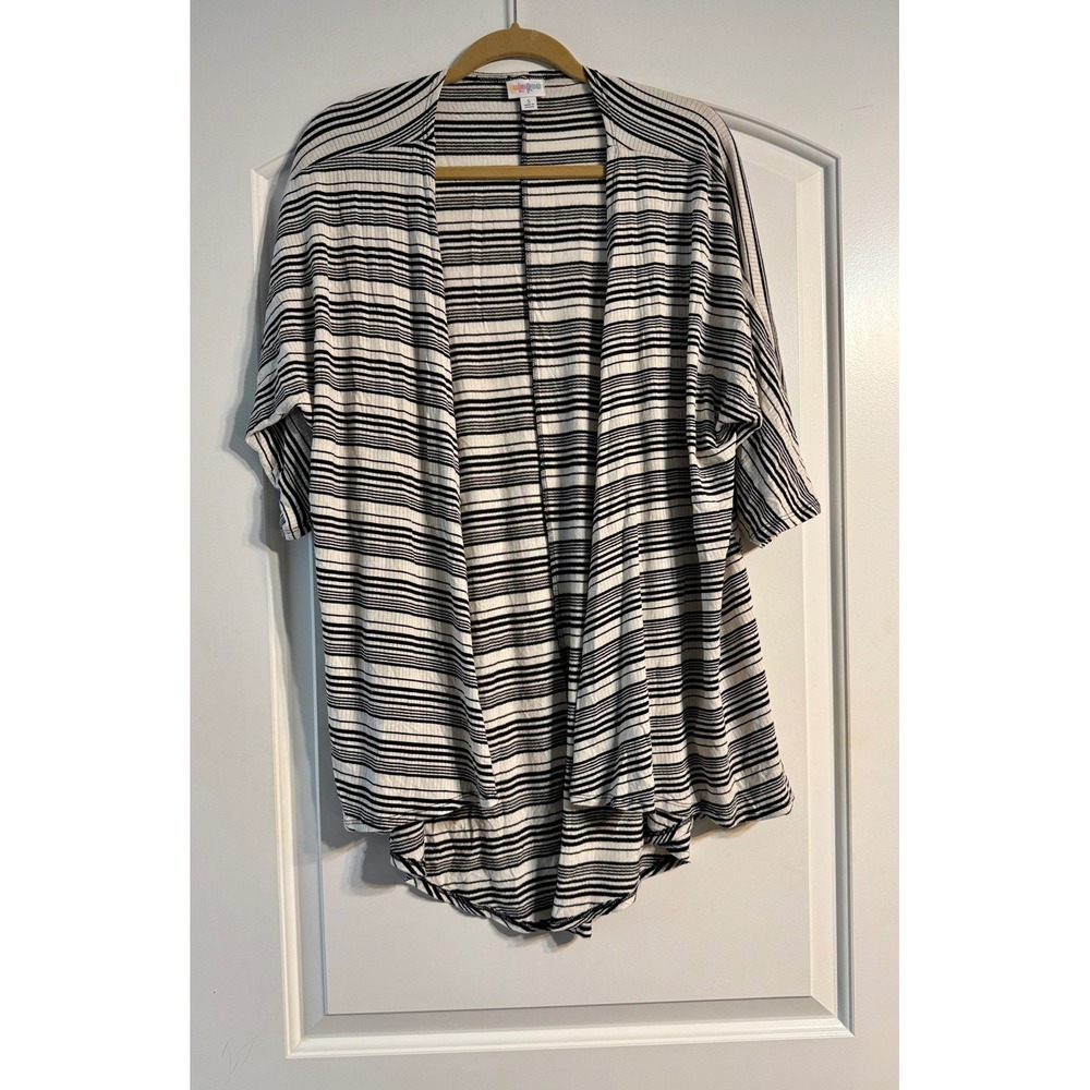LuLaRoe Lindsey Kimono Small Black White Striped Ribbed Cardigan Bohemian